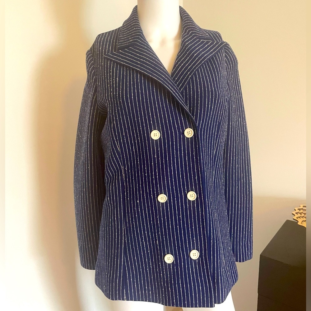 Royal Blue and White Pin-striped Women's Double Breasted Blazer Made in Italy